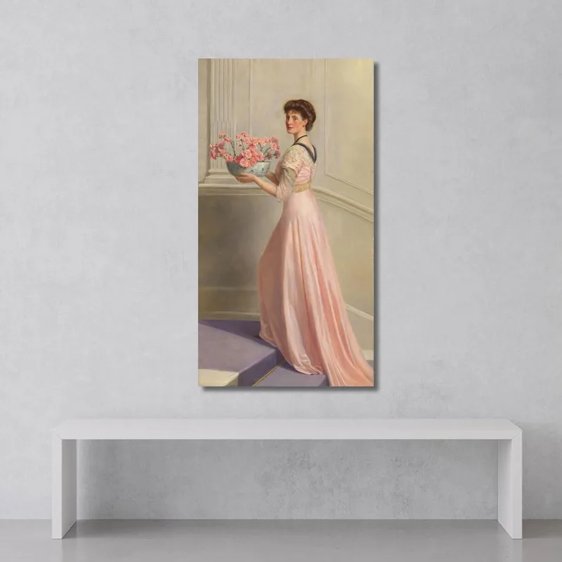 Portrait D'Une Dame En Rose Portant Un Bol D'Œillets Roses John Collier