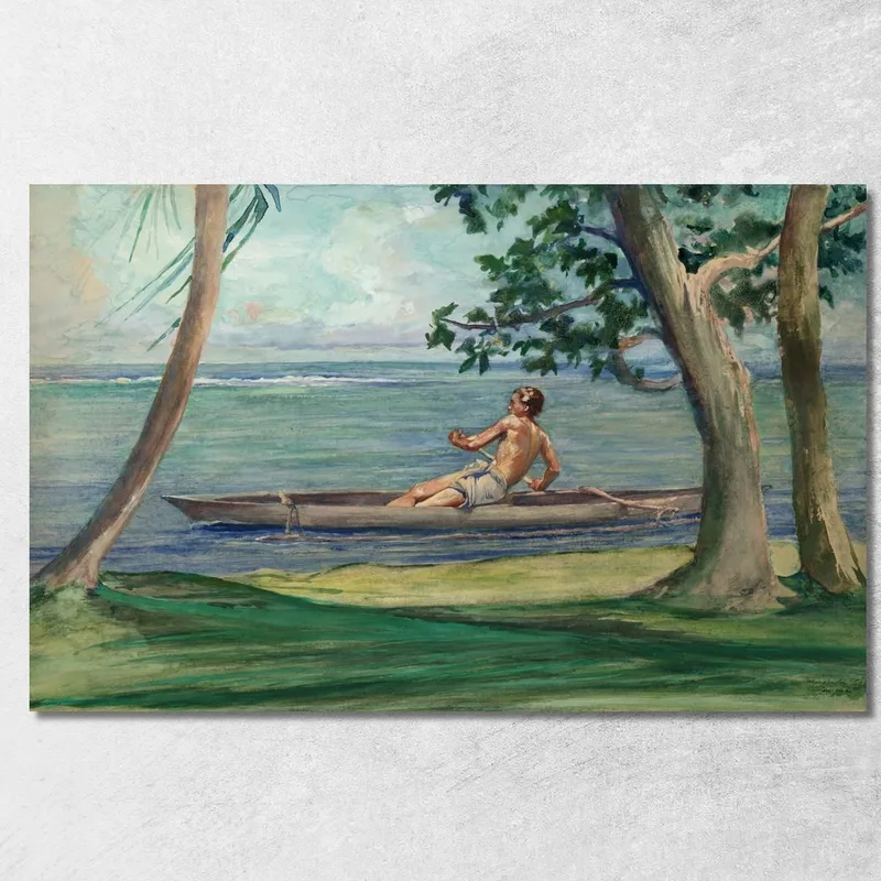 Junge Im Kanu Fährt An Unserem Haus In Vaiala, Samoa Vorbei John La Farge drucken auf leinwand