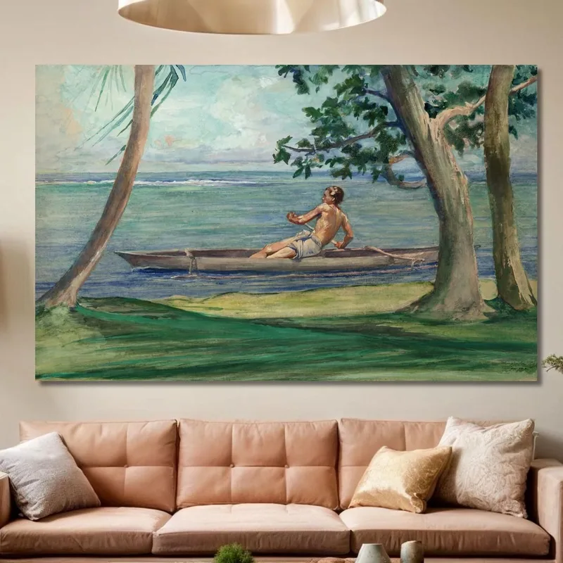 Junge Im Kanu Fährt An Unserem Haus In Vaiala Samoa Vorbei John La Farge