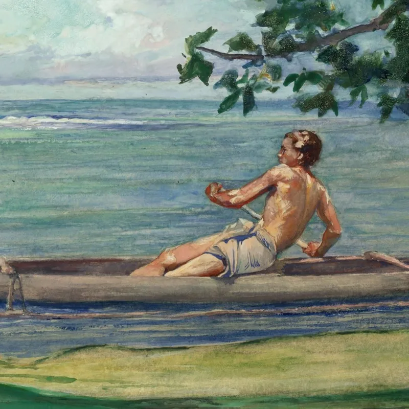 Junge Im Kanu Fährt An Unserem Haus In Vaiala Samoa Vorbei John La Farge