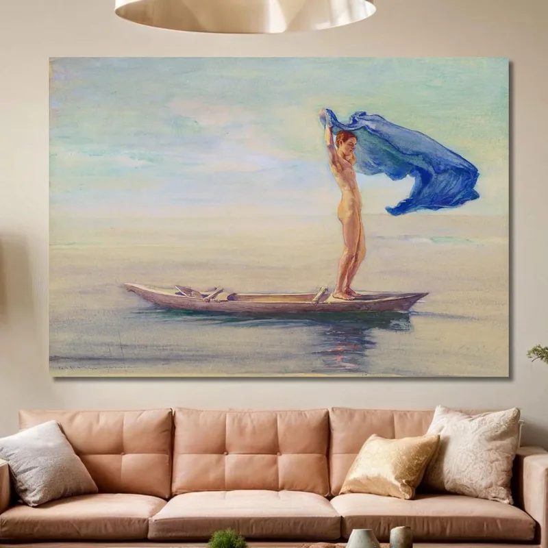 Mädchen Im Bug Des Kanus Breitet Ihren Lendenschurz Für Ein Segel Samoa Aus John La Farge