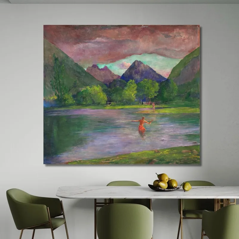 Der Eingang Zum Tautira Rivertahiti. Fischer Der Einen Fisch Aufspießt John La Farge