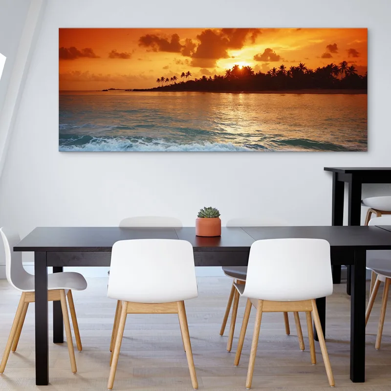 Peinture De Paysage De Mer Au Coucher Du Soleil Tropical Sur La Plage Avec Des Palmiers