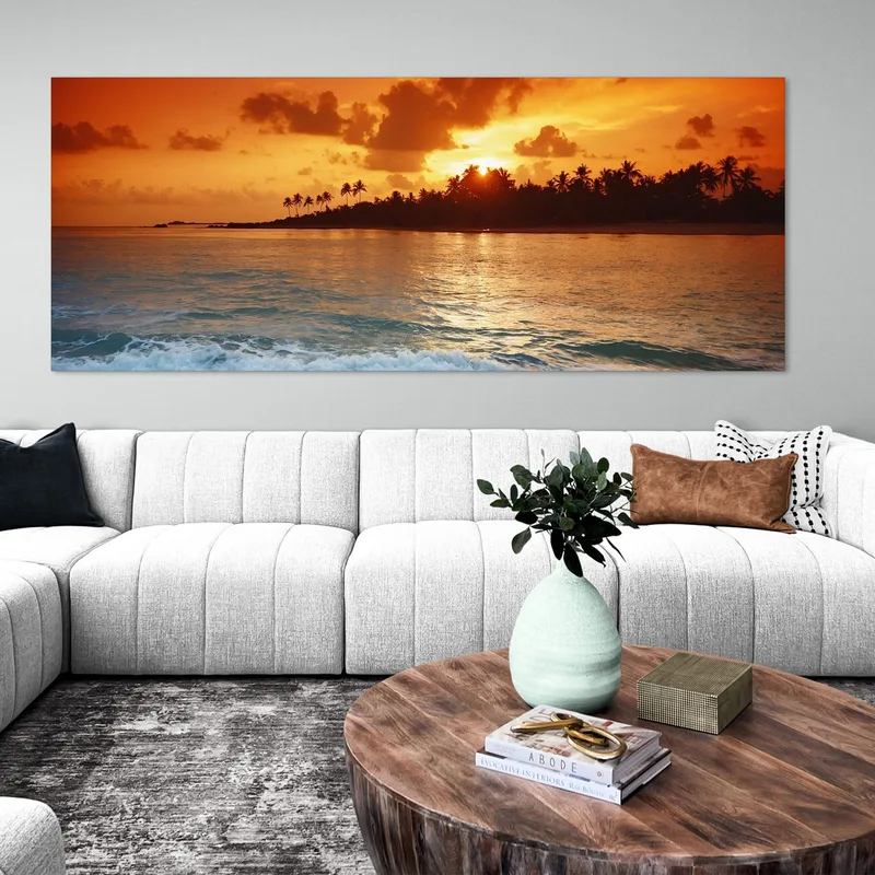 Peinture De Paysage De Mer Au Coucher Du Soleil Tropical Sur La Plage Avec Des Palmiers
