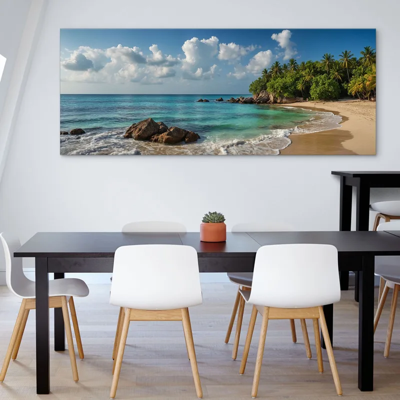 Peinture De Paysage De Mer De Plage Tropicale Avec Palmiers Et Mer Turquoise