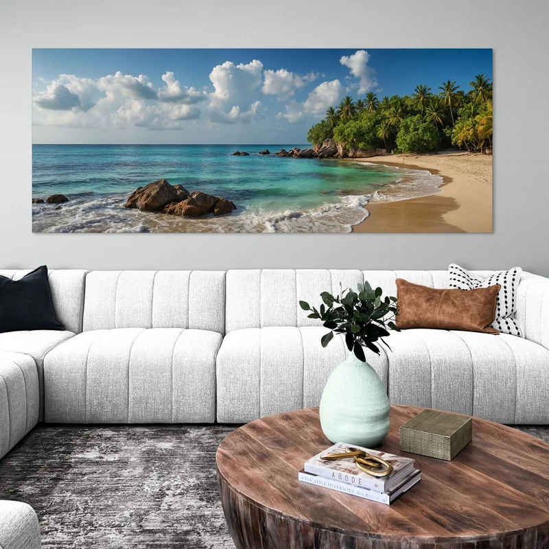 Peinture De Paysage De Mer De Plage Tropicale Avec Palmiers Et Mer Turquoise