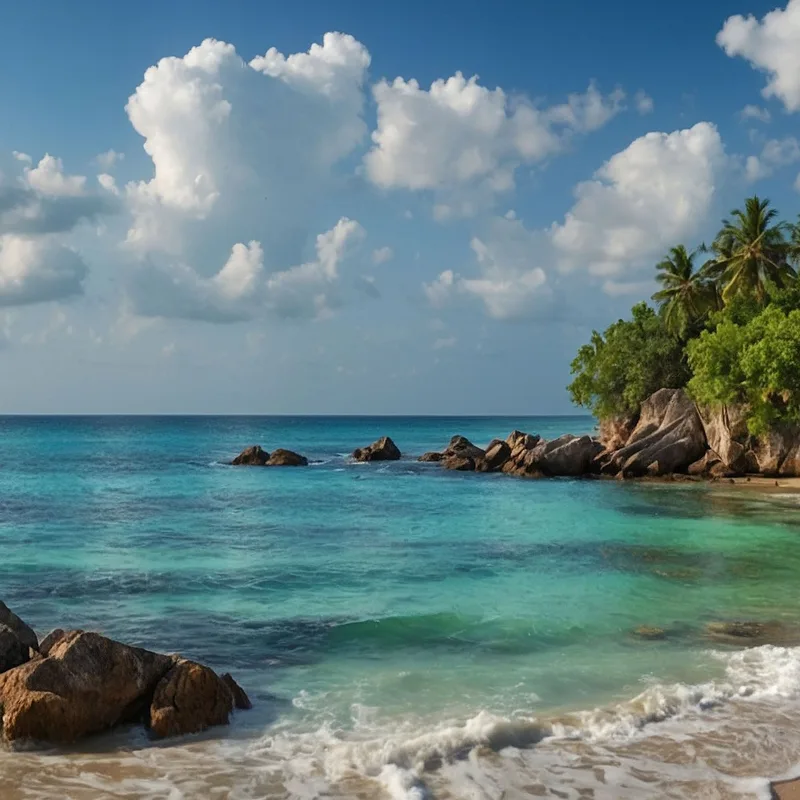 Peinture De Paysage De Mer De Plage Tropicale Avec Palmiers Et Mer Turquoise