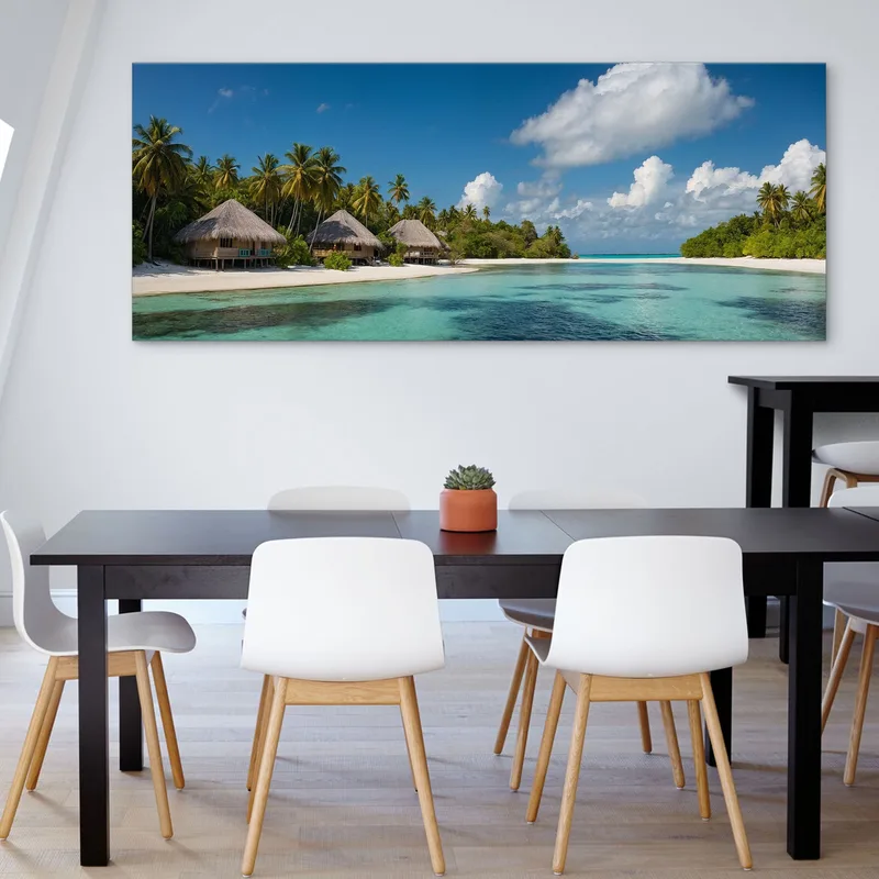 Sea Landscape Painting Tropical Bungalow With Turquoise Sea