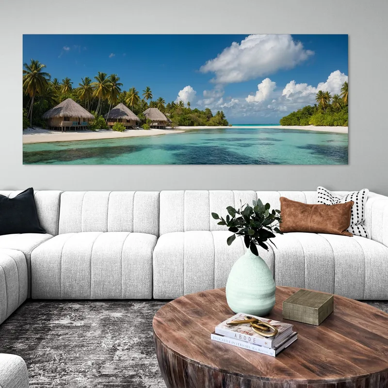 Sea Landscape Painting Tropical Bungalow With Turquoise Sea