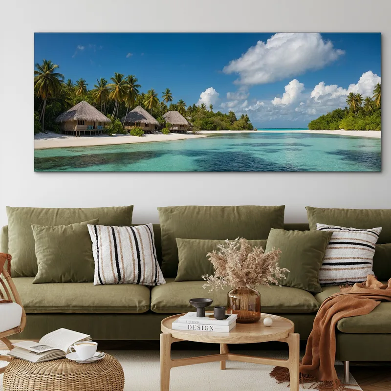 Sea Landscape Painting Tropical Bungalow With Turquoise Sea