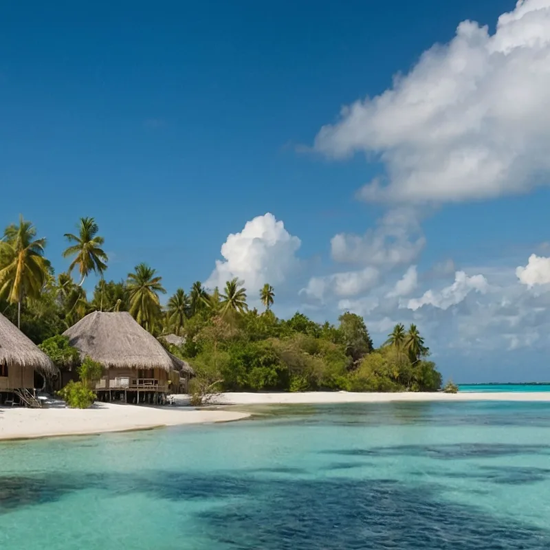 Sea Landscape Painting Tropical Bungalow With Turquoise Sea