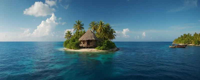 Meereslandschaftsmalerei Tropische Landschaft Mit Insel Und Hütte