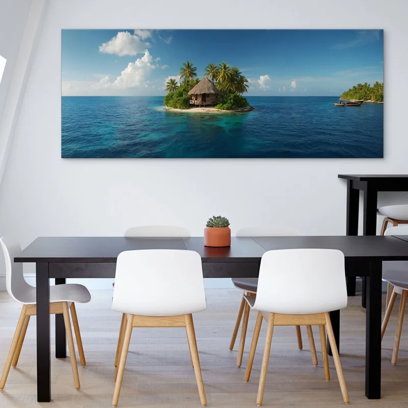 Meereslandschaftsmalerei Tropische Landschaft Mit Insel Und Hütte