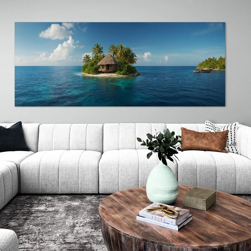 Meereslandschaftsmalerei Tropische Landschaft Mit Insel Und Hütte