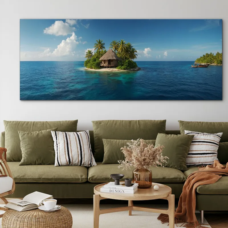 Meereslandschaftsmalerei Tropische Landschaft Mit Insel Und Hütte