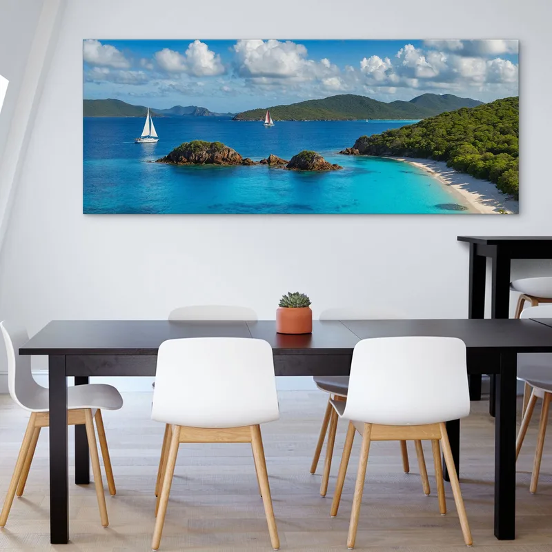 Tropical Bay Sea Landscape Painting With Sailboats And Blue Sea