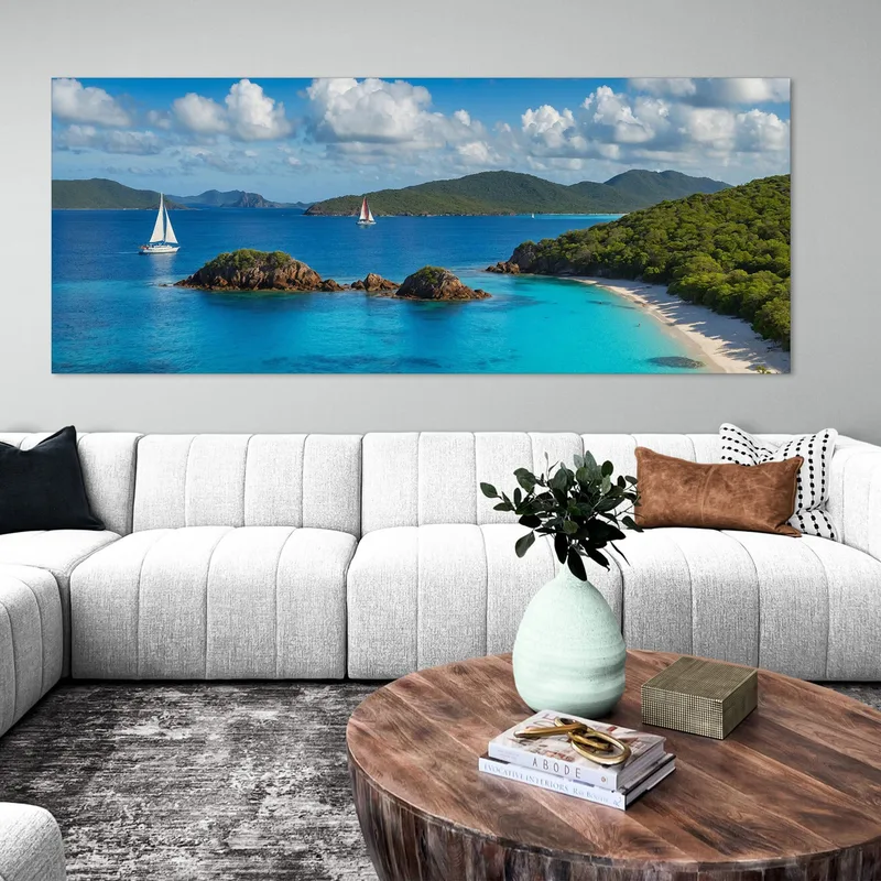 Tropical Bay Sea Landscape Painting With Sailboats And Blue Sea