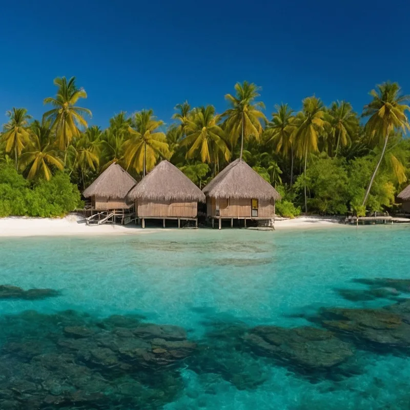 Pintura De Paisaje Marino De Isla Tropical Con Bungalow Sobre Agua Turquesa