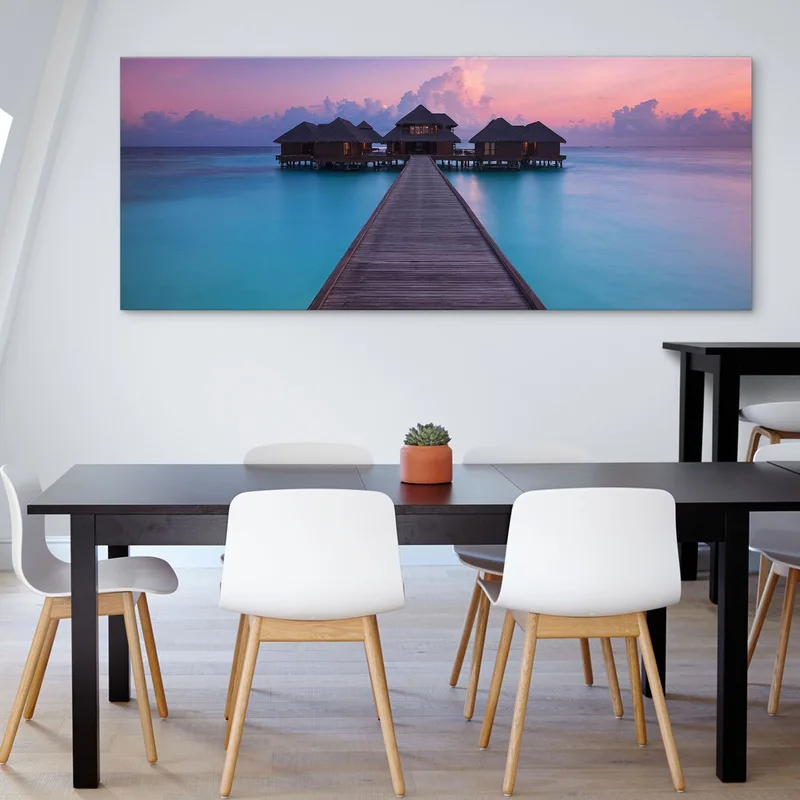Peinture De Paysage De Mer Au Coucher Du Soleil Enchanteur Avec Bungalow Aux Maldives