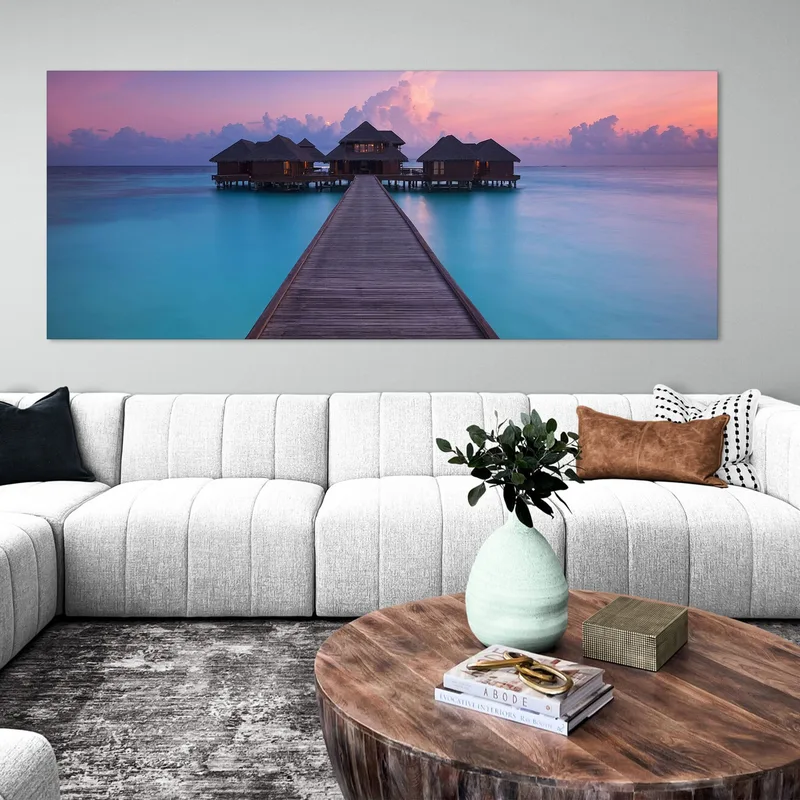 Peinture De Paysage De Mer Au Coucher Du Soleil Enchanteur Avec Bungalow Aux Maldives