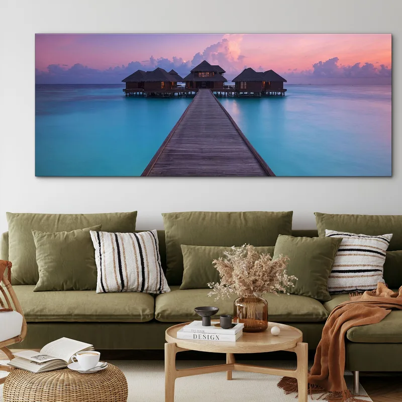Peinture De Paysage De Mer Au Coucher Du Soleil Enchanteur Avec Bungalow Aux Maldives