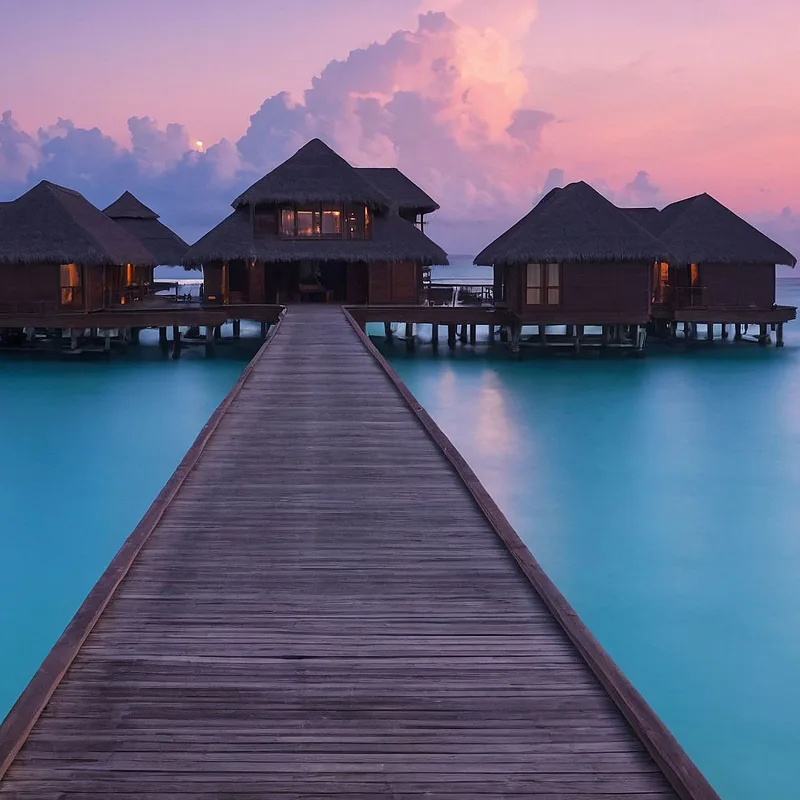 Peinture De Paysage De Mer Au Coucher Du Soleil Enchanteur Avec Bungalow Aux Maldives
