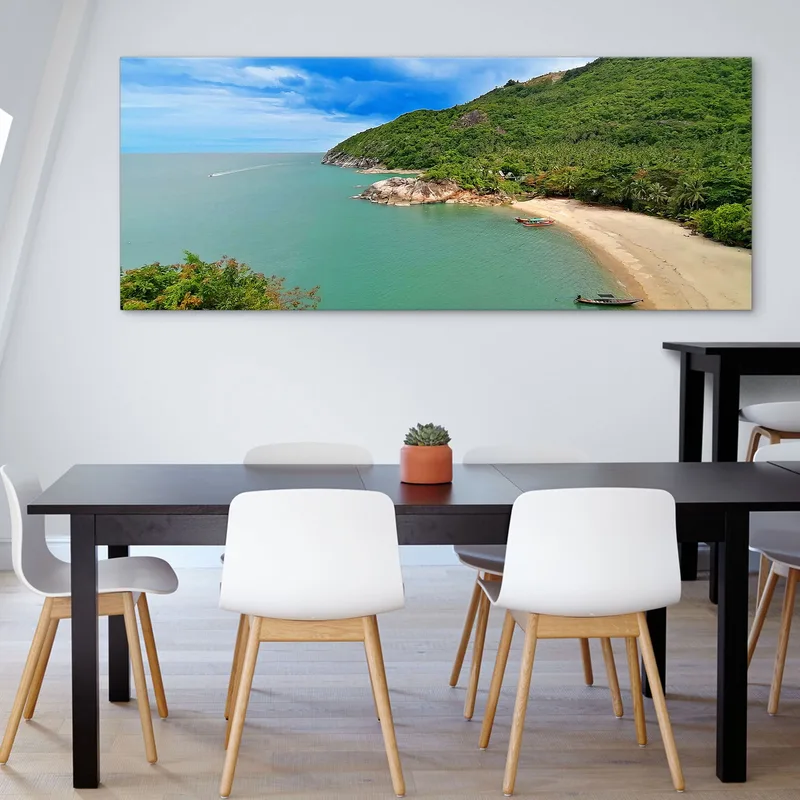 Peinture De Paysage Marin Vue De Koh Phangan Avec Plage Calme Et Collines Verdoyantes
