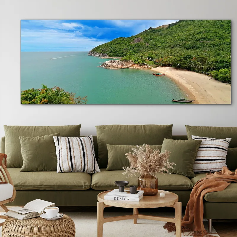 Peinture De Paysage Marin Vue De Koh Phangan Avec Plage Calme Et Collines Verdoyantes
