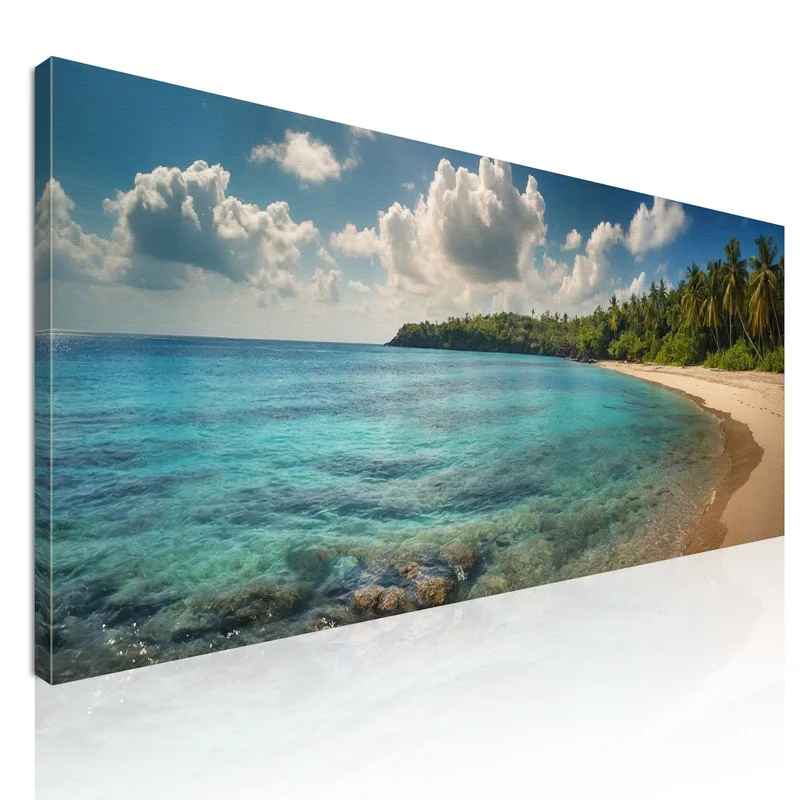 Pintura De Paisaje Marino De Playa Tropical Con Aguas Cristalinas Y Vegetación Exuberante cuadro en lienzo
