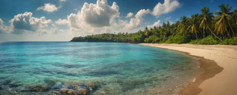 Peinture De Paysage De Mer De Plage Tropicale Avec Des Eaux Claires Et Une Verdure Luxuriante