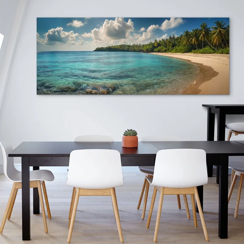 Peinture De Paysage De Mer De Plage Tropicale Avec Des Eaux Claires Et Une Verdure Luxuriante
