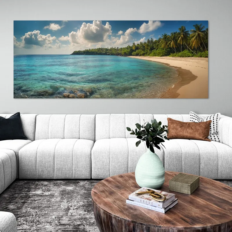 Peinture De Paysage De Mer De Plage Tropicale Avec Des Eaux Claires Et Une Verdure Luxuriante