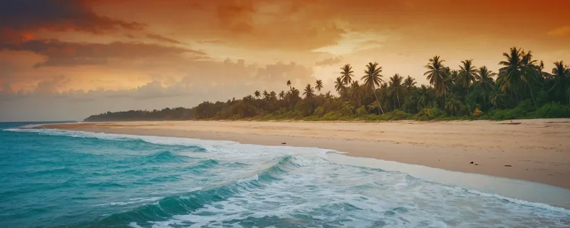 Painting Landscape Sea Colorful Sky And Palm Trees On Tropical Beach At Sunset