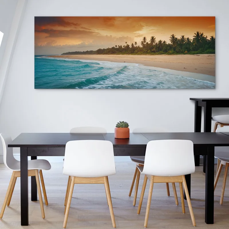 Painting Landscape Sea Colorful Sky And Palm Trees On Tropical Beach At Sunset