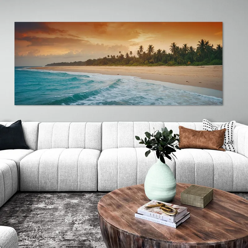 Painting Landscape Sea Colorful Sky And Palm Trees On Tropical Beach At Sunset