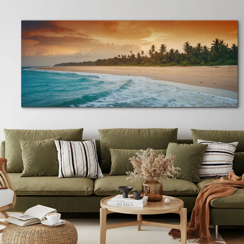 Painting Landscape Sea Colorful Sky And Palm Trees On Tropical Beach At Sunset