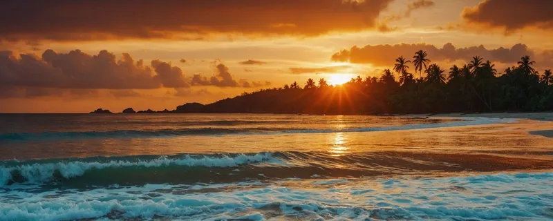 Peinture Paysage Marin Plage Tropicale Au Coucher Du Soleil Avec Palmiers Et Vagues