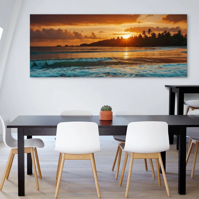 Peinture Paysage Marin Plage Tropicale Au Coucher Du Soleil Avec Palmiers Et Vagues