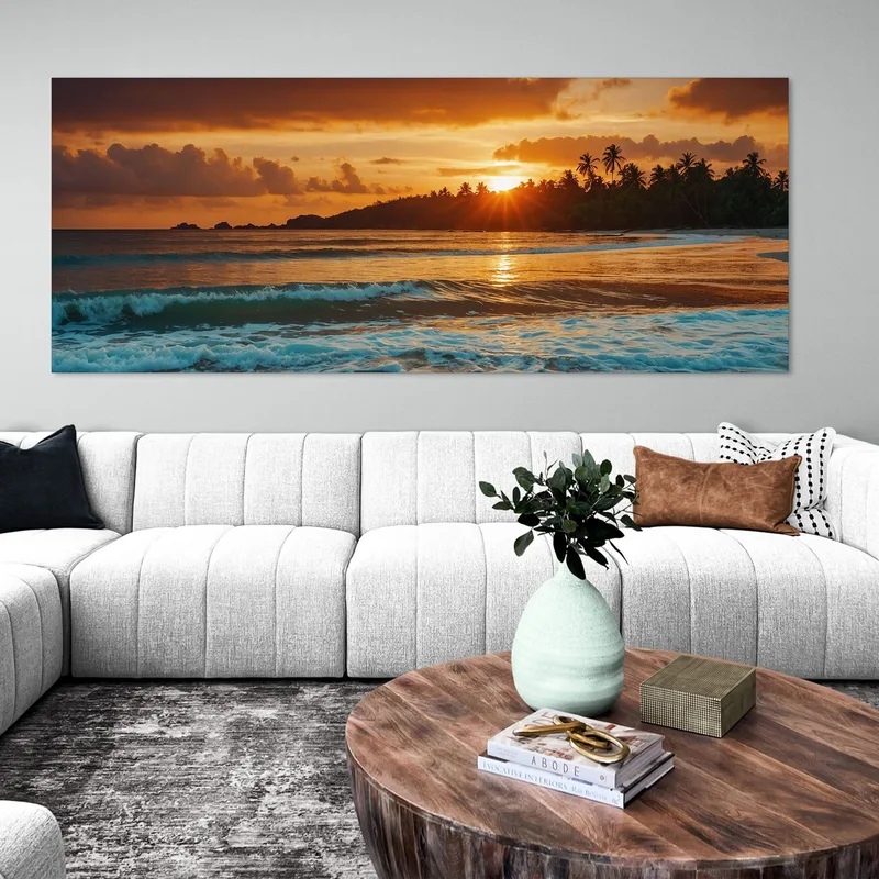 Peinture Paysage Marin Plage Tropicale Au Coucher Du Soleil Avec Palmiers Et Vagues