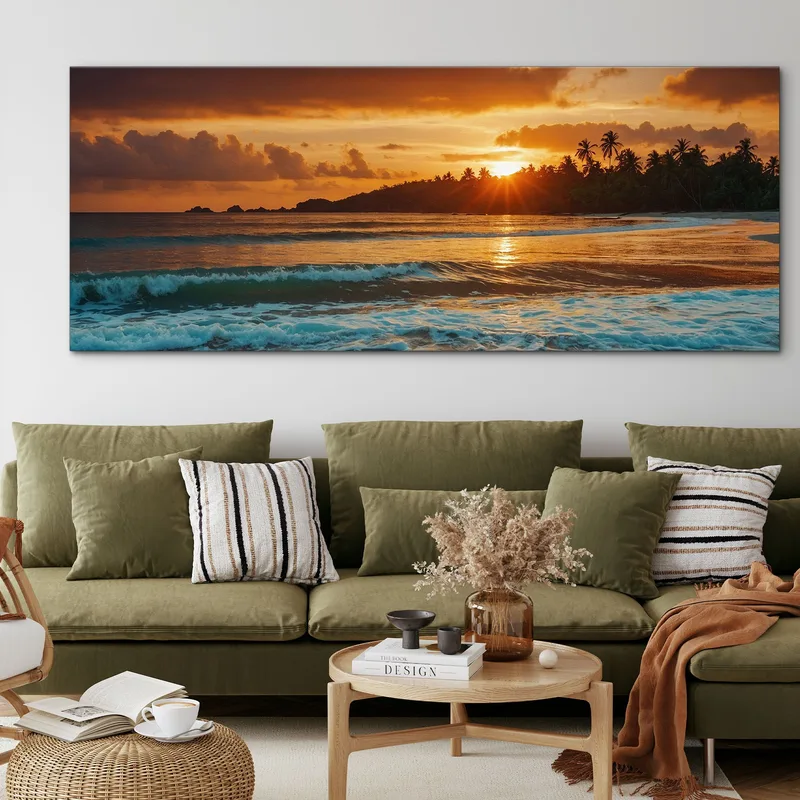 Peinture Paysage Marin Plage Tropicale Au Coucher Du Soleil Avec Palmiers Et Vagues