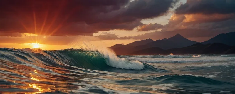 Peinture De Paysage Vagues De Mer Au Coucher Du Soleil Et Montagnes Majestueuses