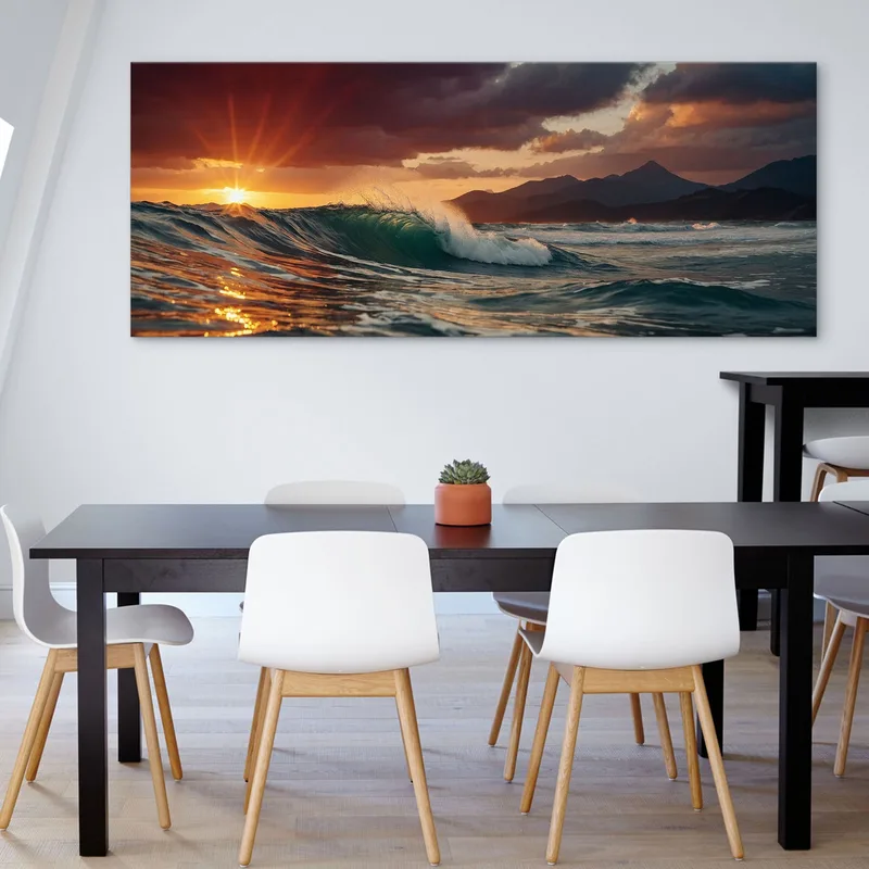 Peinture De Paysage Vagues De Mer Au Coucher Du Soleil Et Montagnes Majestueuses