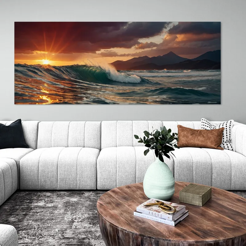 Peinture De Paysage Vagues De Mer Au Coucher Du Soleil Et Montagnes Majestueuses