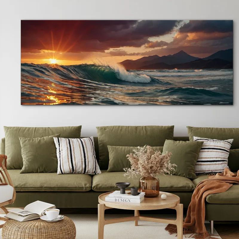 Peinture De Paysage Vagues De Mer Au Coucher Du Soleil Et Montagnes Majestueuses