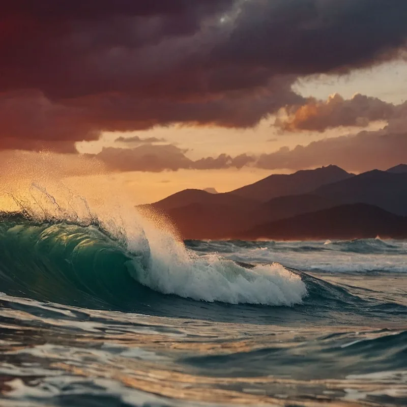 Peinture De Paysage Vagues De Mer Au Coucher Du Soleil Et Montagnes Majestueuses