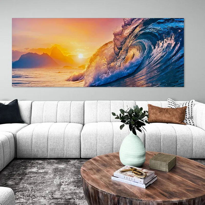 Pintar Paisaje Marino Con Olas Al Atardecer Con Vistas A La Montaña