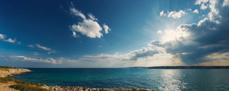 Rocky Coast Sea Landscape Painting With Crystal Clear Waters And Sun