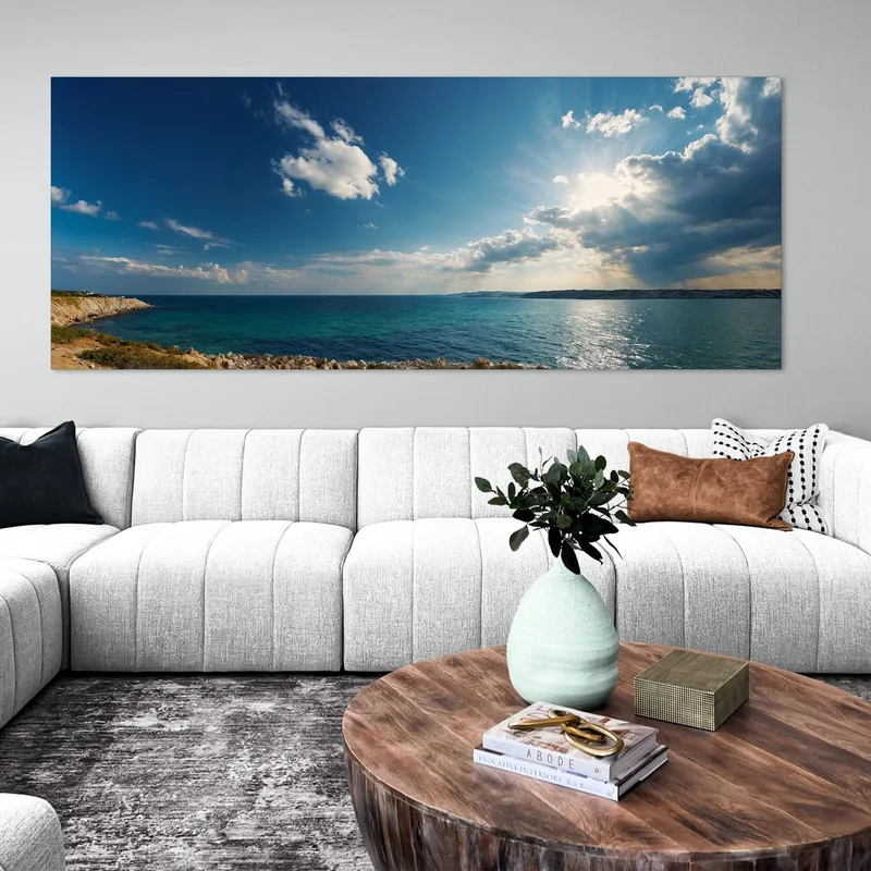 Rocky Coast Sea Landscape Painting With Crystal Clear Waters And Sun