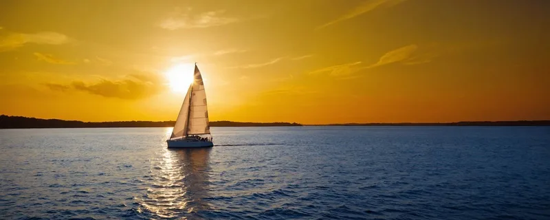 Painting Sea Landscape Golden Sunset With Sailboat In The Sea