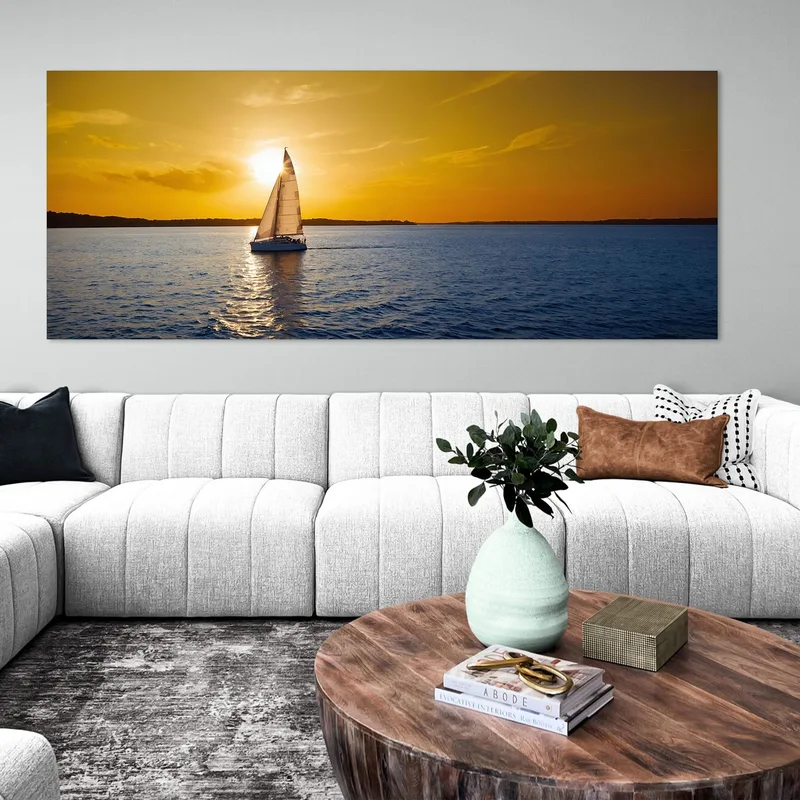 Painting Sea Landscape Golden Sunset With Sailboat In The Sea